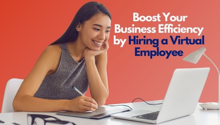 Woman working remotely on a laptop with a graphic tablet, promoting the benefits of hiring a virtual employee.
